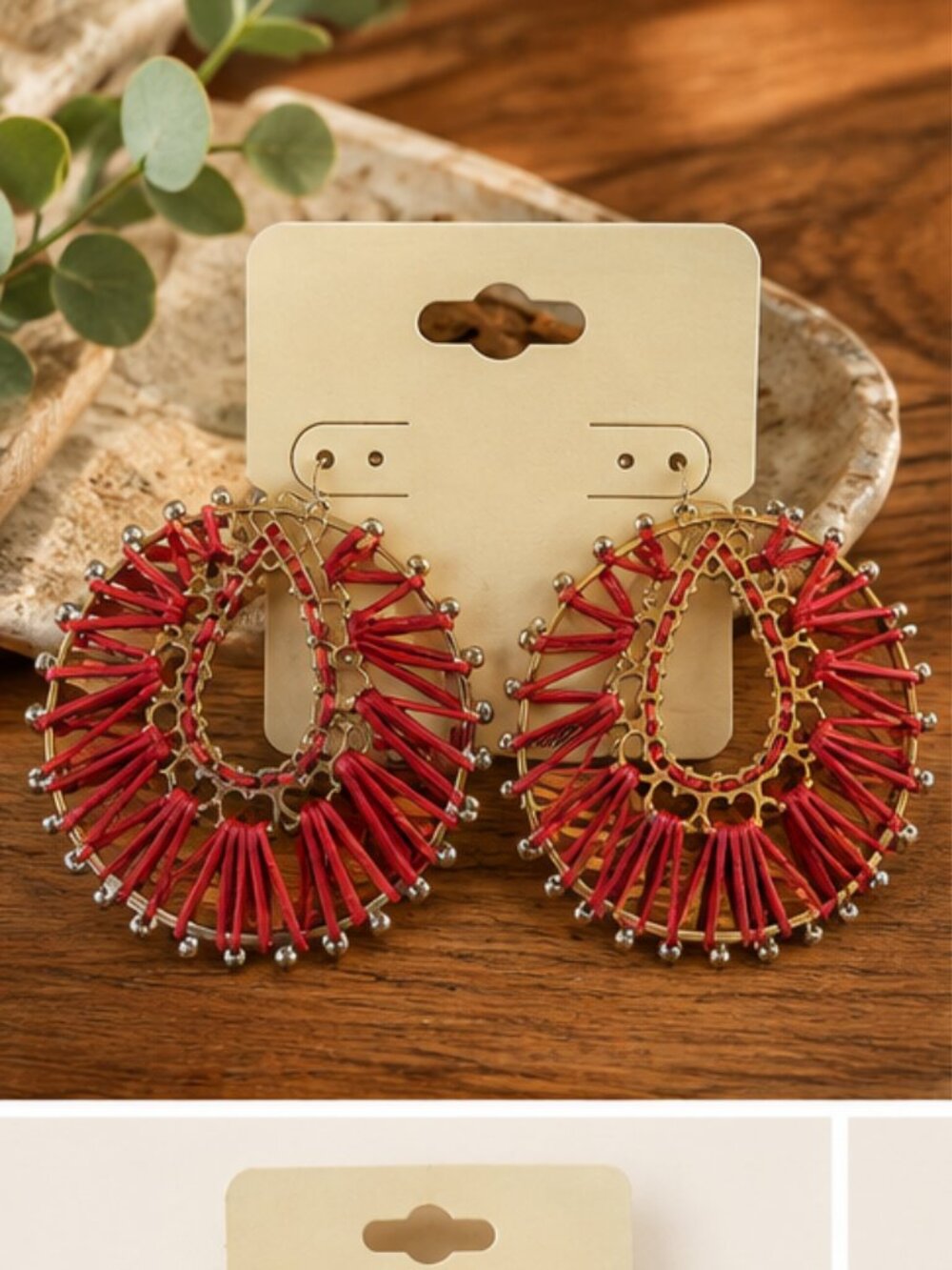 Dangle Pierced Earrings Gold Red Large 2.5" in Diameter Round Statement Boho